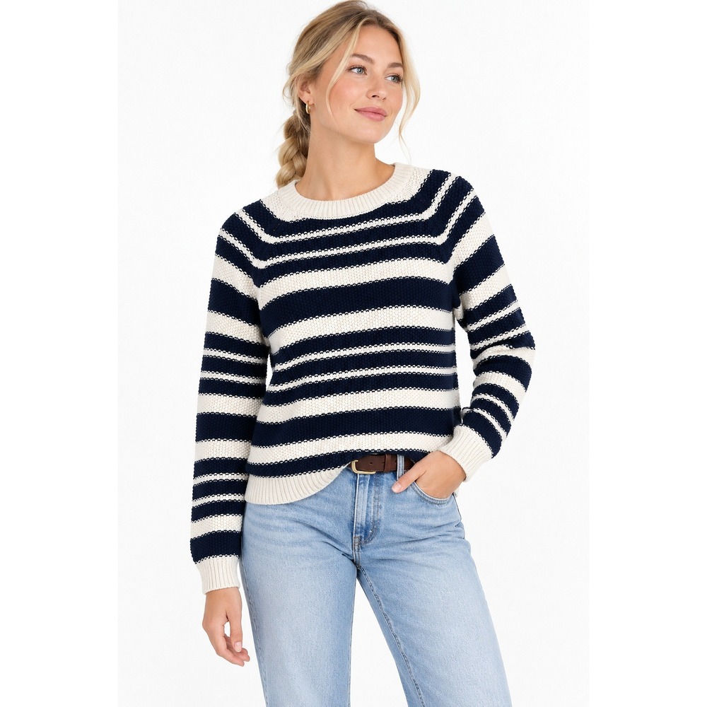 J Peterman Nautical Stripe Cotton Sweater M Navy Cream Coastal Preppy Breton